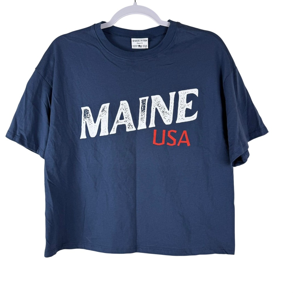 Where I'm From Womens Small Easy Tee Navy Blue Maine USA Boxy Crop‎ T-Shirt NWT